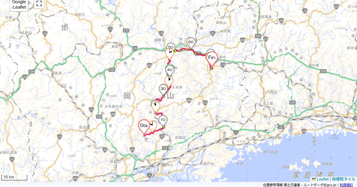 岡山鳥取1日目岡山空港,季譜の里,サイクリング,地図,記録,自転車