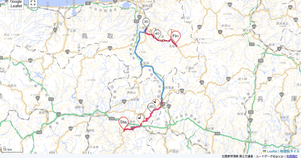 岡山鳥取2日目季譜の里,若桜駅,サイクリング,地図,記録,自転車