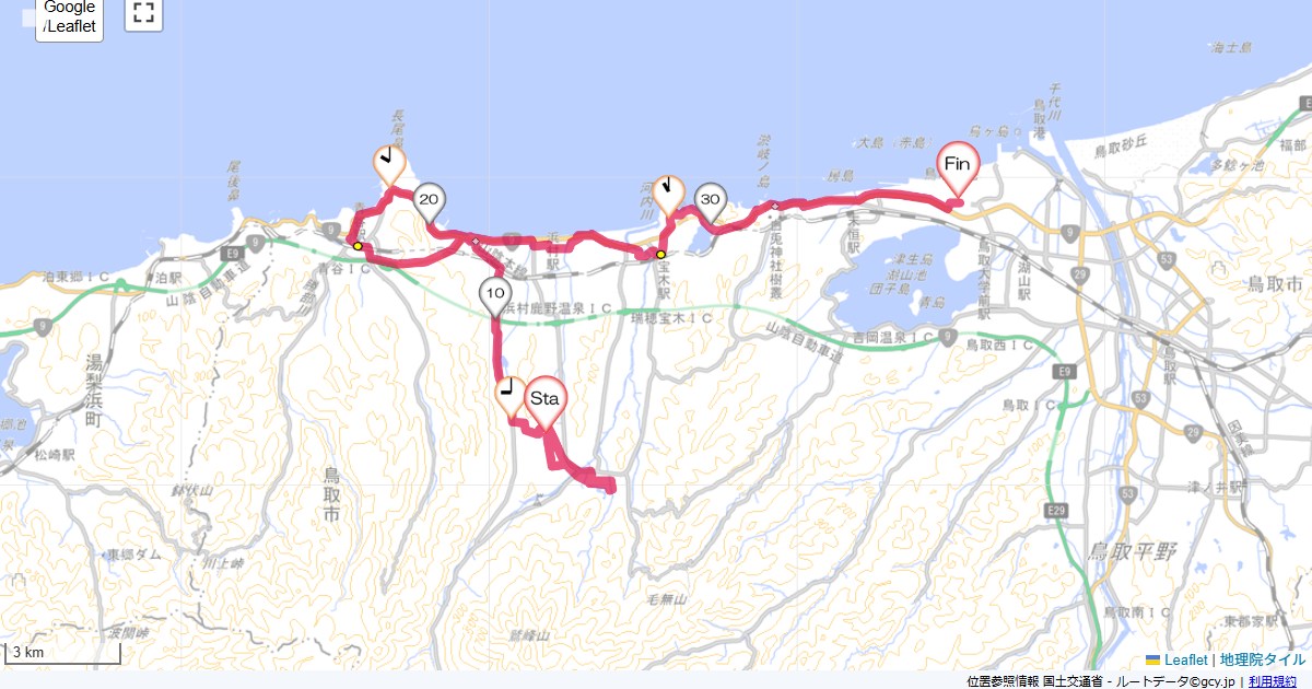 岡山鳥取3日目鹿野温泉,鳥取空港,サイクリング,地図,記録,自転車