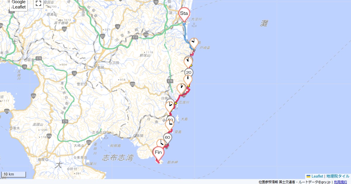 宮崎鹿児島1日目宮崎市田吉,都井岬国民宿舎,サイクリング,地図,記録,自転車