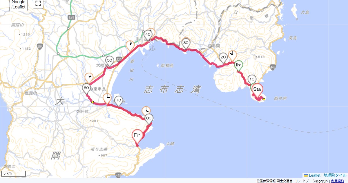宮崎鹿児島2日目都井岬国民宿舎,コスモピア内之浦,サイクリング,地図,記録,自転車