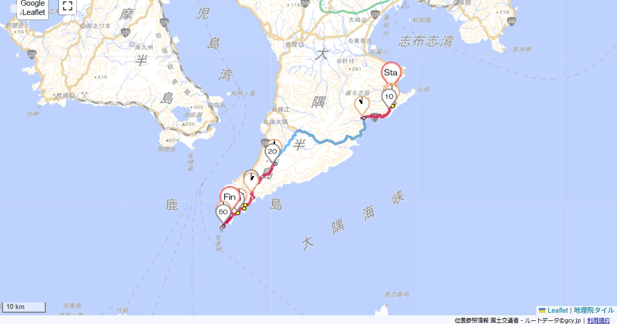 宮崎鹿児島3日目コスモピア内之浦,佐多岬ふれあいセンター,サイクリング,地図,記録,自転車