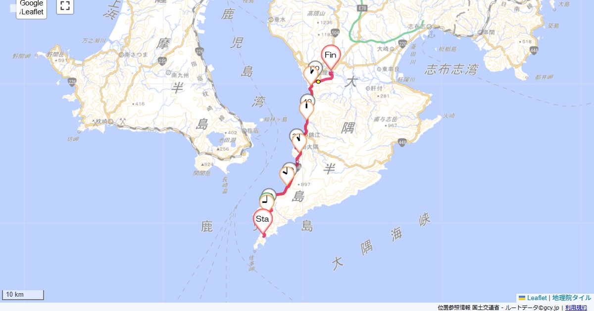 宮崎鹿児島4日目佐多岬ふれあいセンター,鹿屋駅跡,サイクリング,地図,記録,自転車