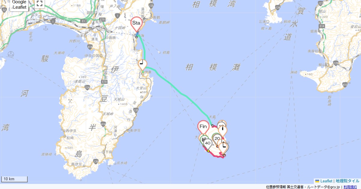 伊豆大島1日目熱海市田原本町,大島館,サイクリング,地図,記録,自転車