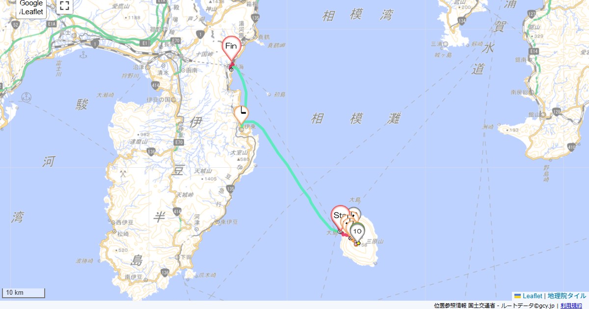 伊豆大島2日目大島館,熱海市田原本町,サイクリング,地図,記録,自転車