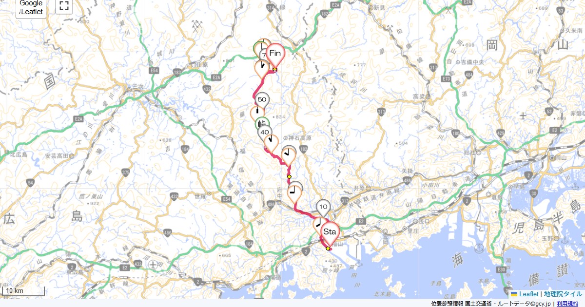 10GWツーリング2日目Hグランティア福山,帝釈峡観光ホテル錦彩館,サイクリング,地図,記録,自転車