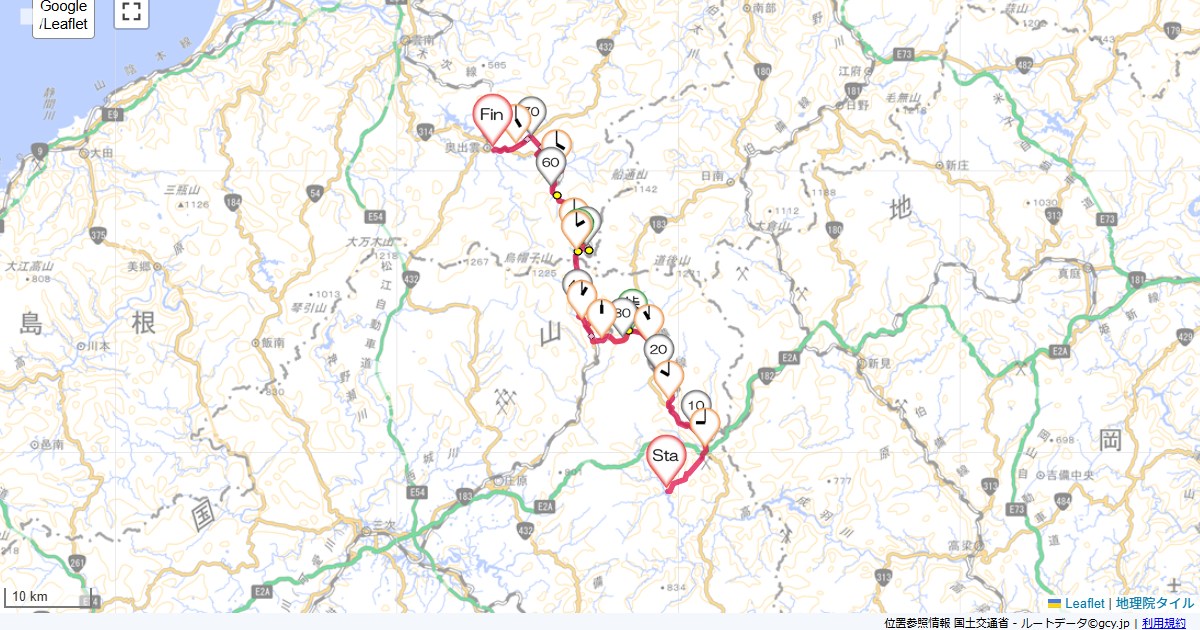 10GWツーリング3日目帝釈峡観光ホテル錦彩館,奥出雲町サイクリングターミナル,サイクリング,地図,記録,自転車