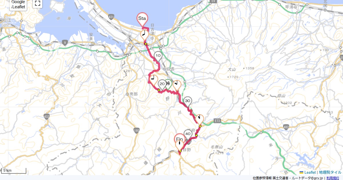 10GWツーリング6日目皆生温泉まつかぜ荘,根雨駅,サイクリング,地図,記録,自転車