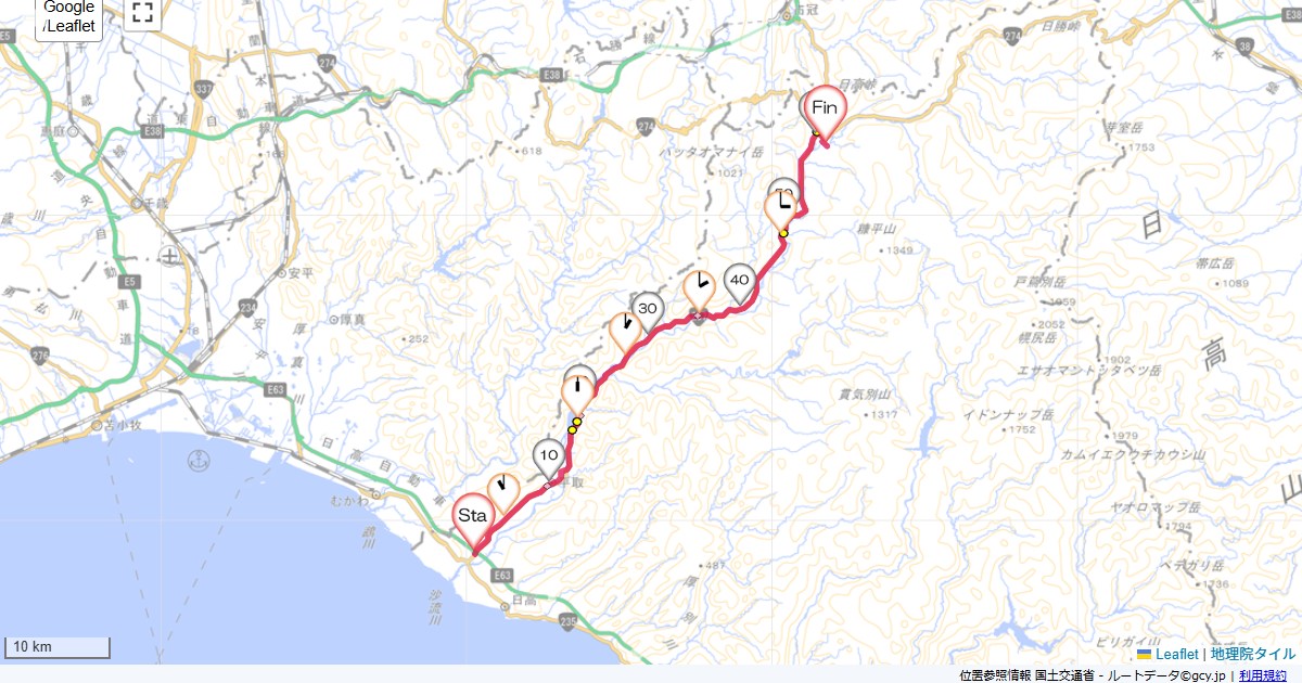 10北海道1日目日高富川ＩＣ,沙流川温泉ひだか高原荘,サイクリング,地図,記録,自転車