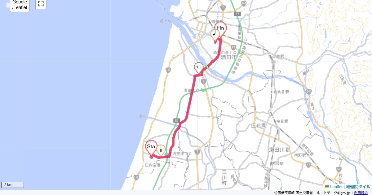 庄内由利1日目庄内空港,ルートイン酒田,サイクリング,地図,記録,自転車