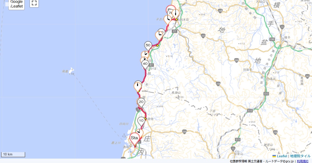 庄内由利2日目ルートイン酒田,ルートイン由利本荘,サイクリング,地図,記録,自転車