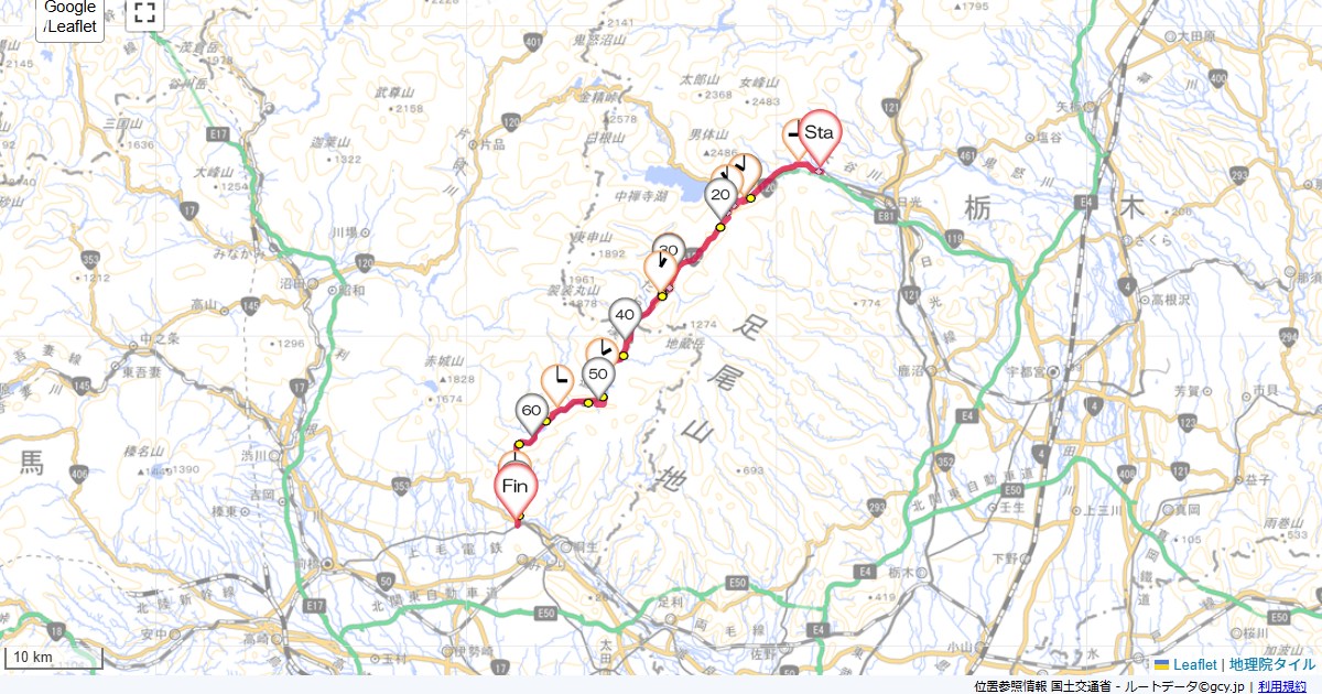 細尾峠・わたらせ日光駅,赤城駅,サイクリング,地図,記録,自転車