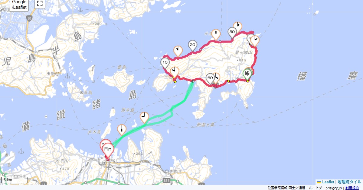小豆島高松駅,ホテル川六,サイクリング,地図,記録,自転車