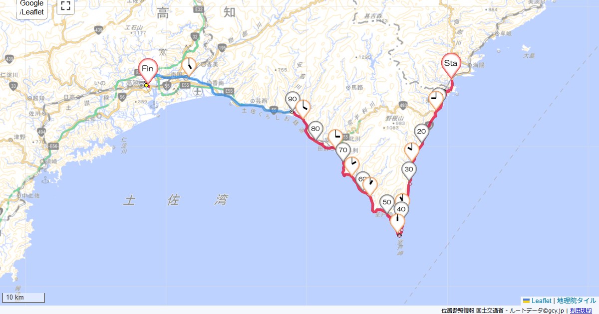 室戸岬ホテルリビエラししくい,ホテル日航高知,サイクリング,地図,記録,自転車