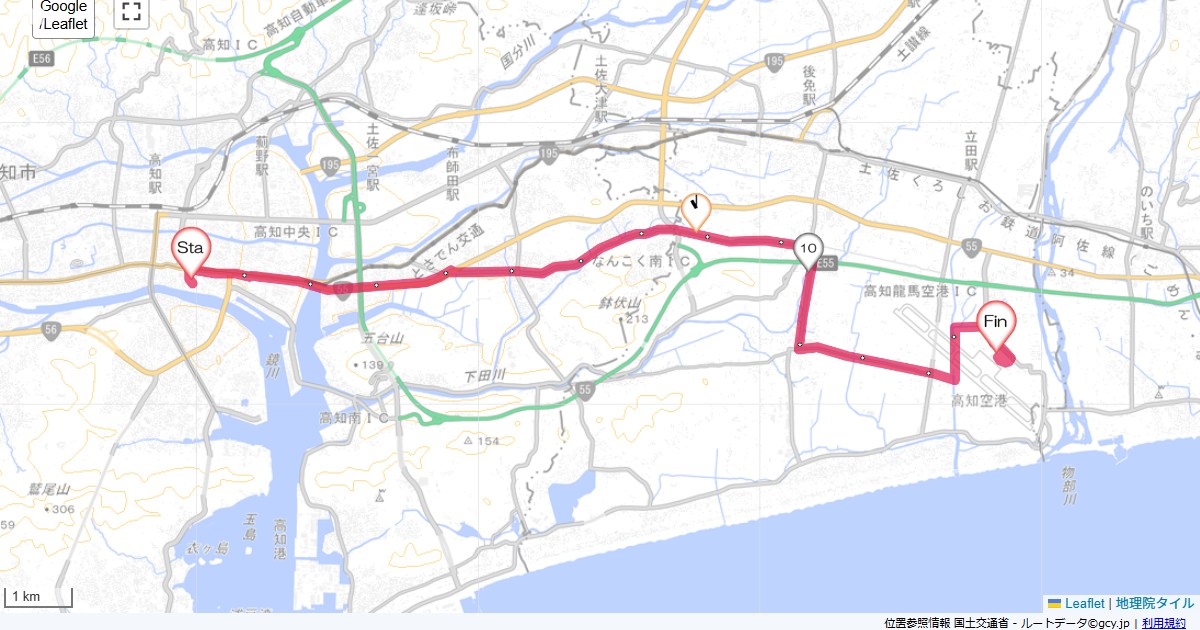 高知から高知空港ホテル日航高知,高知空港,サイクリング,地図,記録,自転車