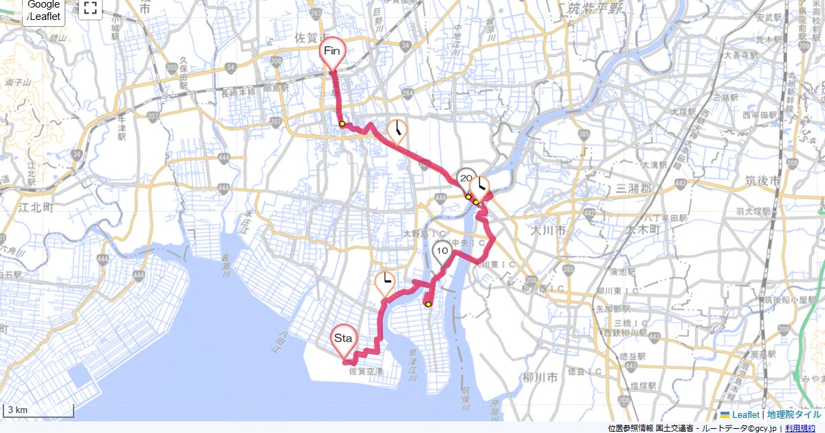 11GW1日目佐賀佐賀空港,ルートイン佐賀駅前,サイクリング,地図,記録,自転車