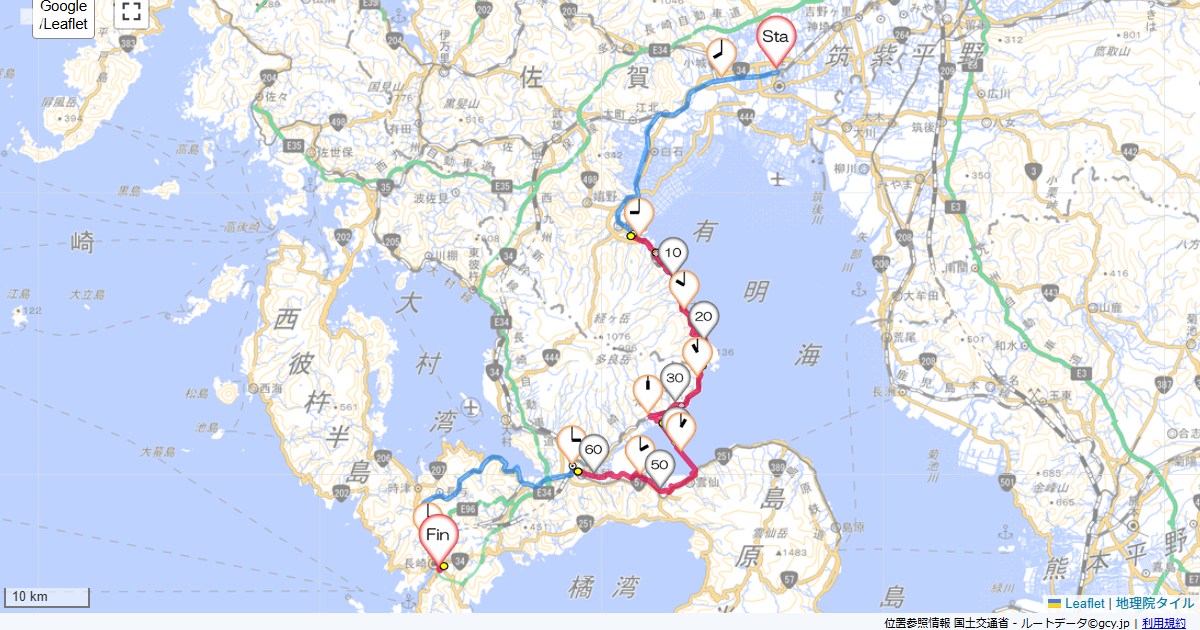 11GW2日目佐賀から長崎佐賀市駅前中央,ドーミーイン長崎,サイクリング,地図,記録,自転車