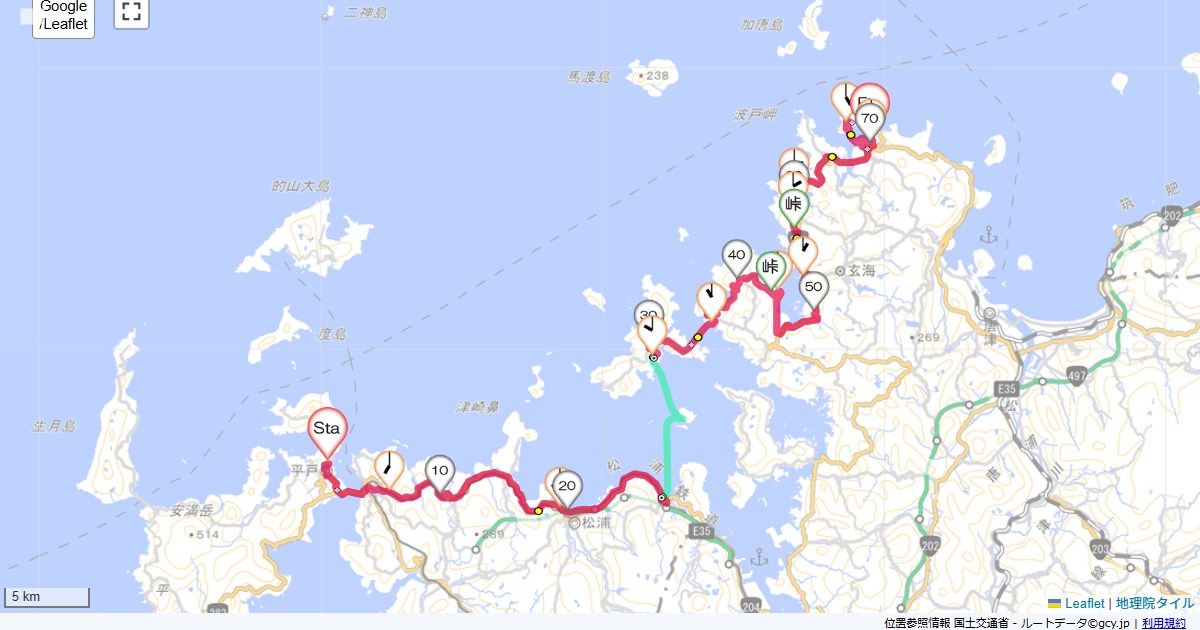 11GW5日目平戸から呼子井元旅館,ふく萬坊,サイクリング,地図,記録,自転車