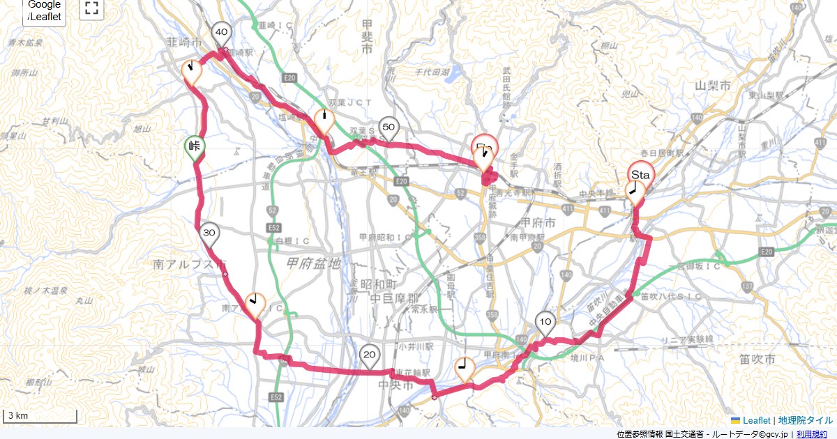 甲府一周笛吹市石和町駅前,甲府市丸の内,サイクリング,地図,記録,自転車