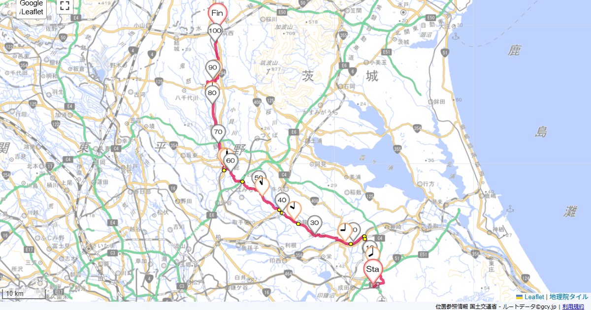 成田空港から下館マロウド成田,下館駅,サイクリング,地図,記録,自転車
