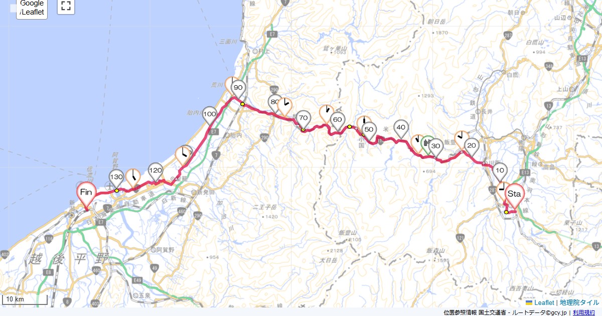 米沢から新潟米沢駅,新潟駅,サイクリング,地図,記録,自転車