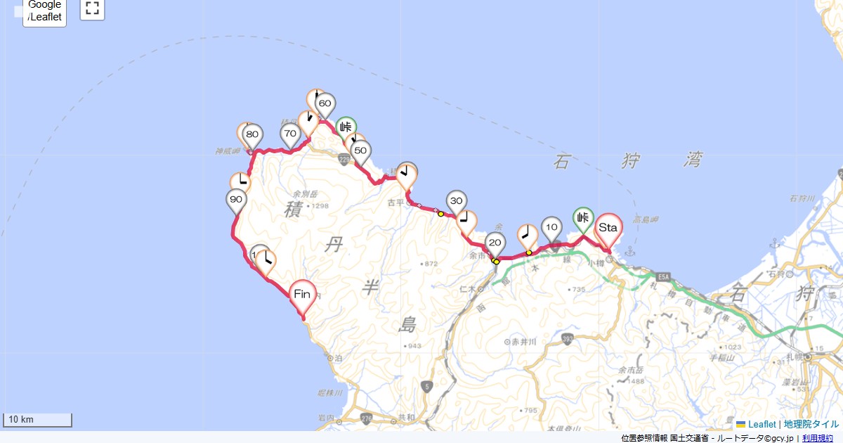 12北海道4日目小樽グリーンホテル,泊村国民宿舎もいわ荘,サイクリング,地図,記録,自転車
