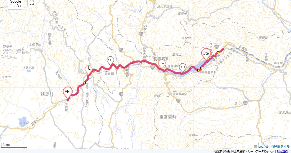 川原湯温泉から大前川原湯温泉駅,つまごい館,サイクリング,地図,記録,自転車