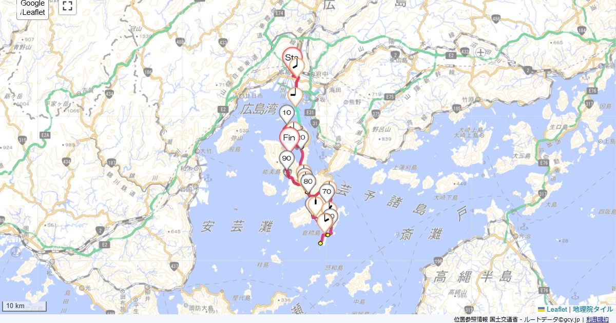 安芸群島とびしま海道2日目ドーミーイン広島,国民宿舎能美海上ロッジ,サイクリング,地図,記録,自転車