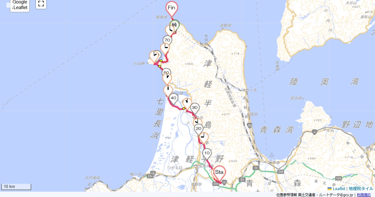 津軽半島2日目津軽富士見ランドホテル,ホテル竜飛,サイクリング,地図,記録,自転車