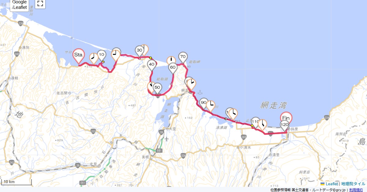 サロマ湖から斜里ホテルグランティアサロマ湖,ホテルグランティア知床斜里,サイクリング,地図,記録,自転車