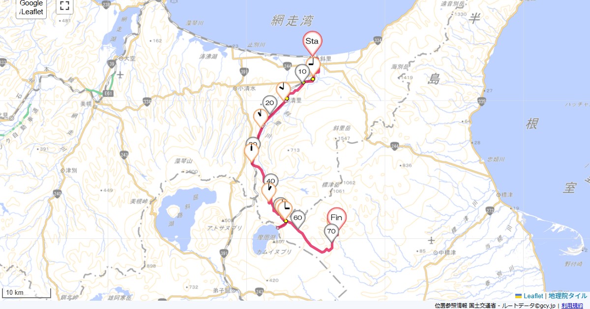 斜里から養老牛ホテルグランティア知床斜里,ホテル養老牛,サイクリング,地図,記録,自転車