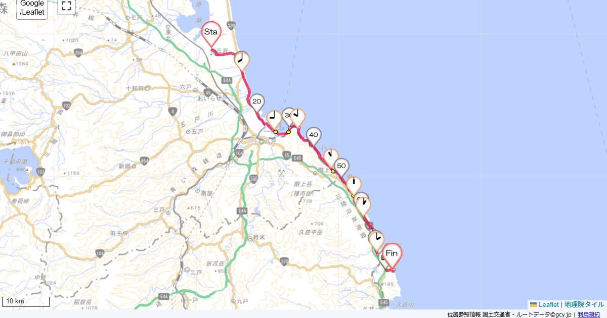 三沢から久慈ルートイン三沢,侍の湯きのこ屋,サイクリング,地図,記録,自転車