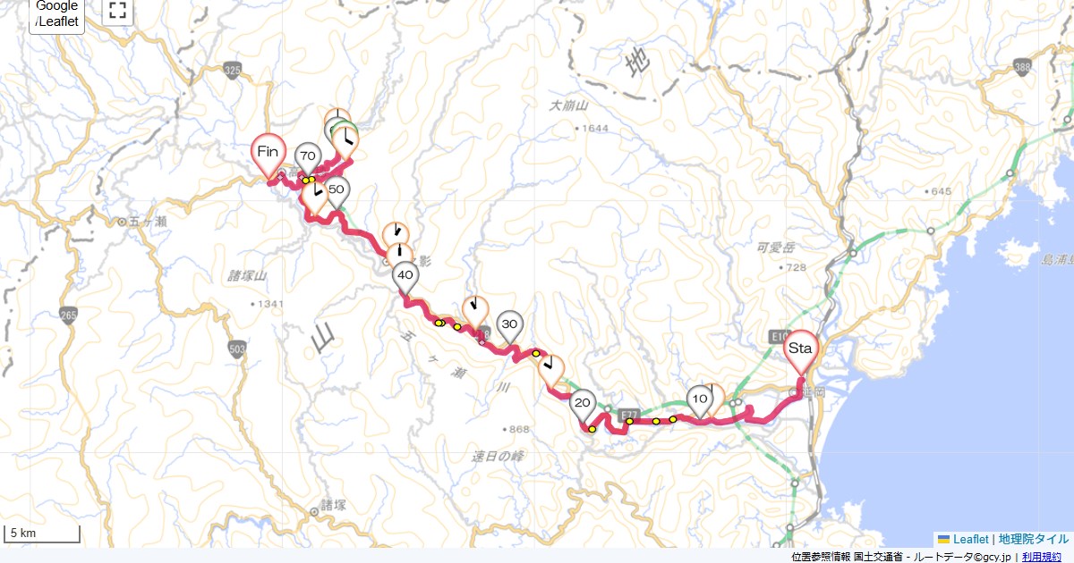 延岡から高千穂ルートイン延岡,国民宿舎高千穂,サイクリング,地図,記録,自転車