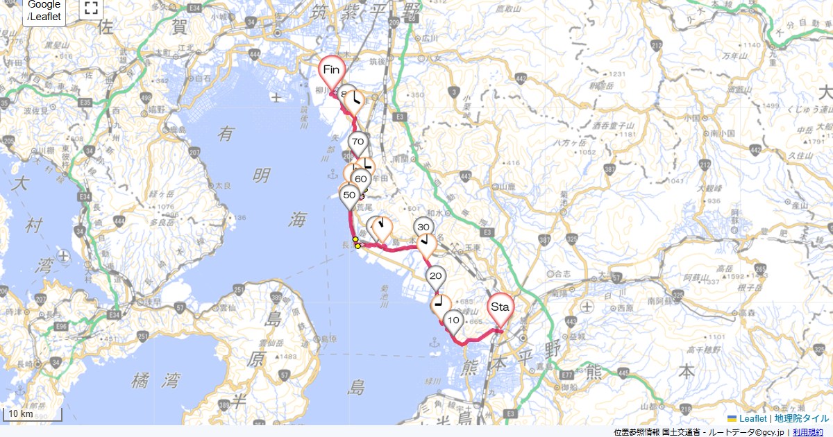 熊本から柳川ドーミーイン熊本,かんぽの宿柳川,サイクリング,地図,記録,自転車
