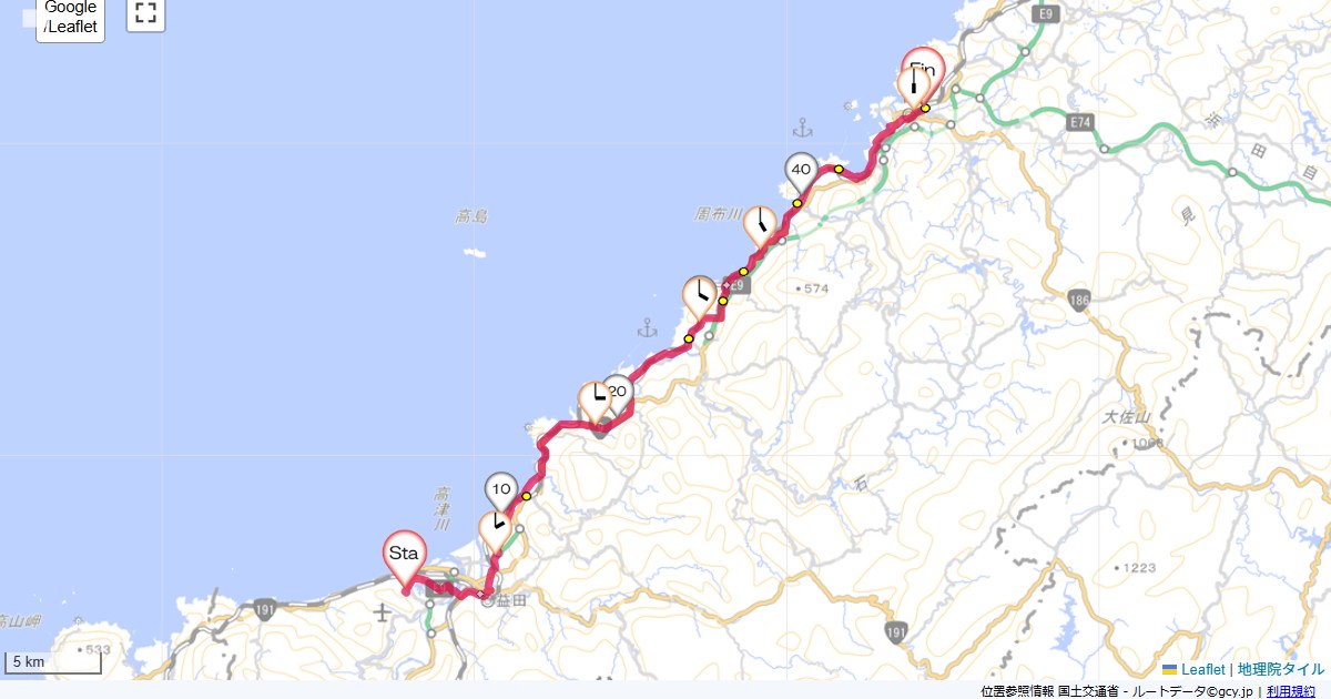 石見空港から浜田萩・石見空港,ホテル松尾,サイクリング,地図,記録,自転車
