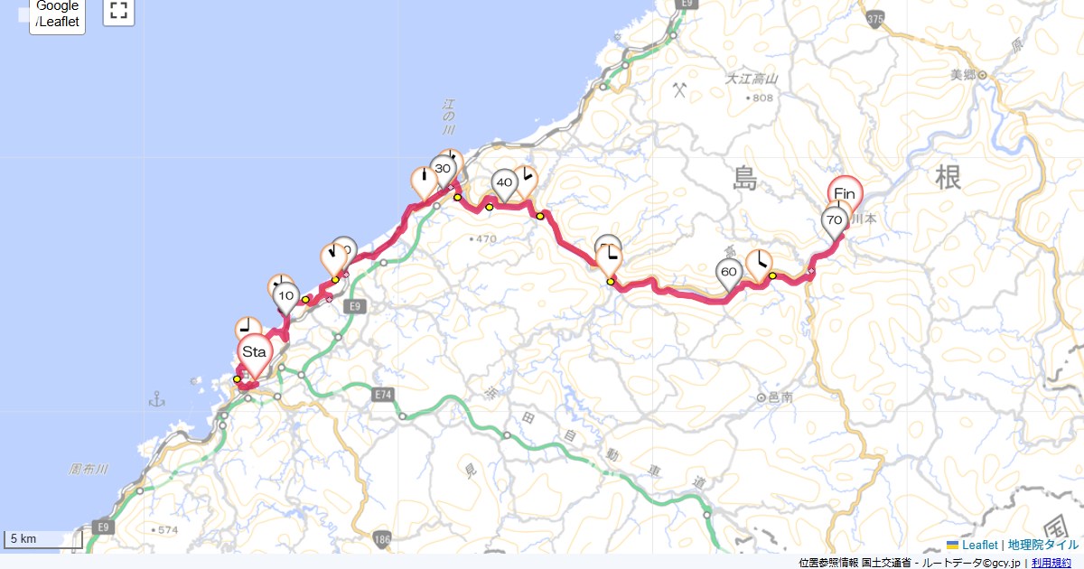 浜田から江津・江の川ホテル松尾,かわもとおとぎ館,サイクリング,地図,記録,自転車