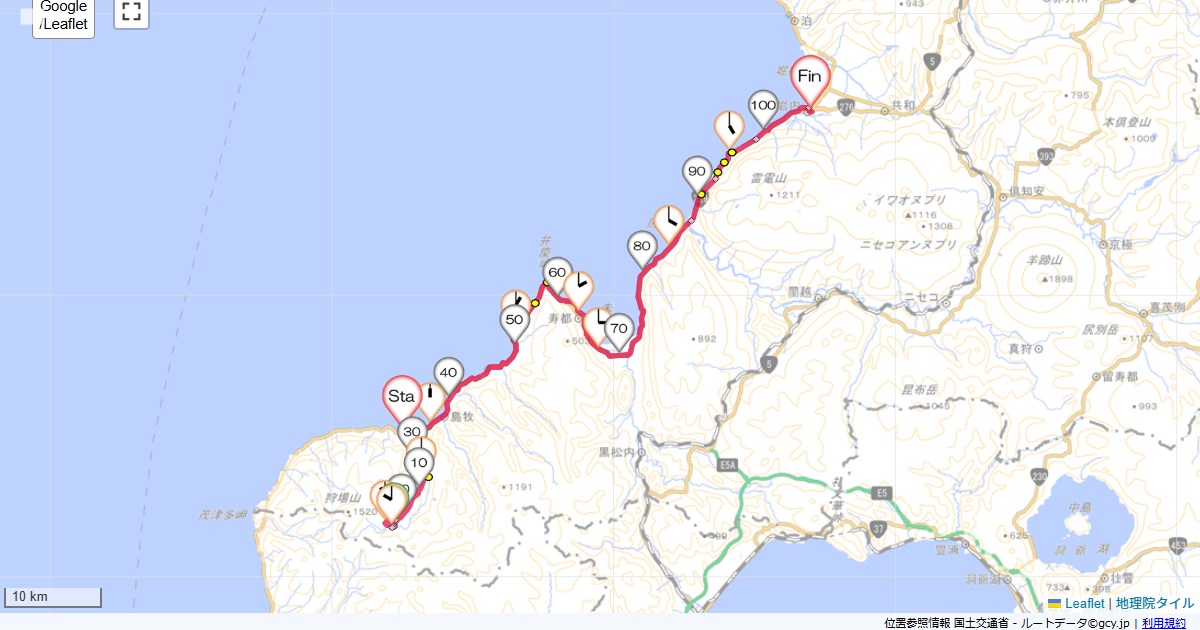 島牧・賀老の滝から岩内島牧YH,ホテルいのう,サイクリング,地図,記録,自転車
