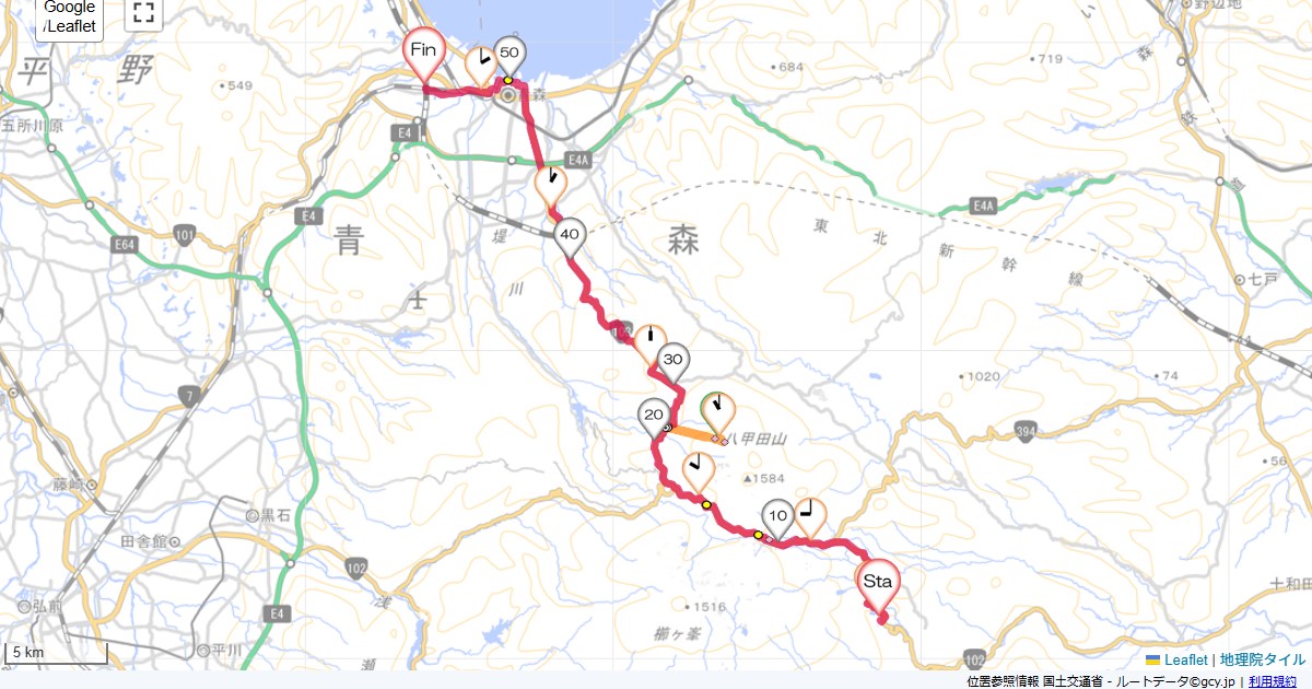 蔦温泉から青森蔦温泉,新青森駅,サイクリング,地図,記録,自転車