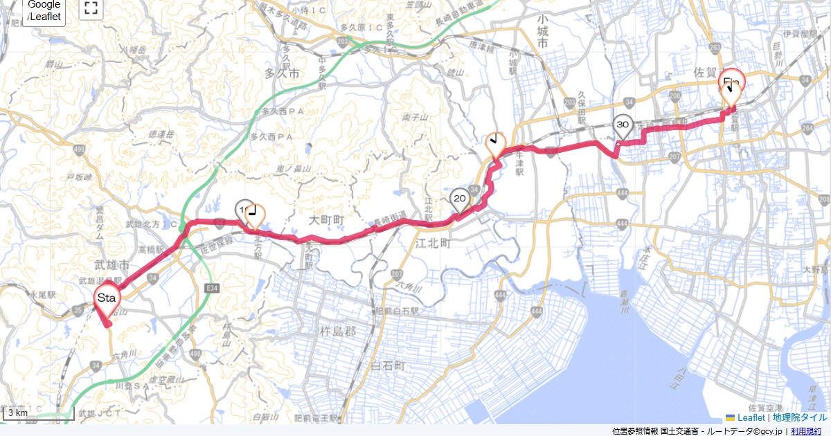 武雄から佐賀御船山観光ホテル,佐賀駅,サイクリング,地図,記録,自転車