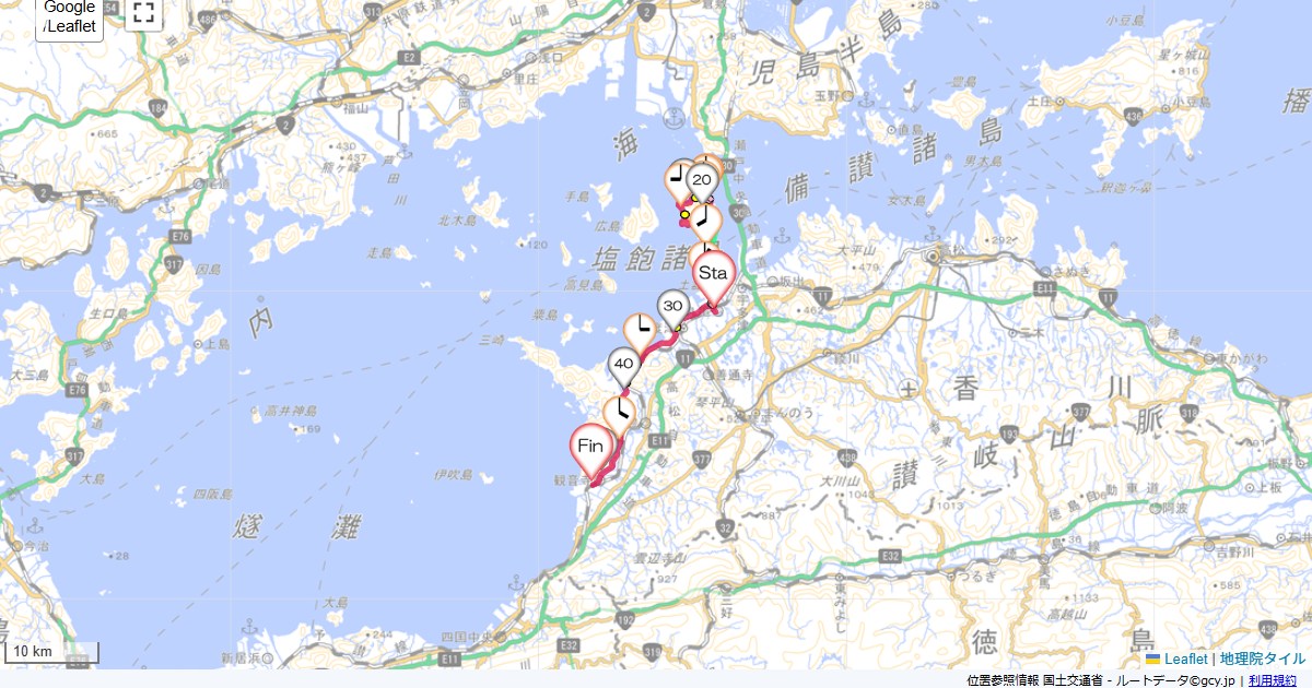 塩飽本島と丸亀から観音寺アパホテル丸亀,観音寺駅,サイクリング,地図,記録,自転車