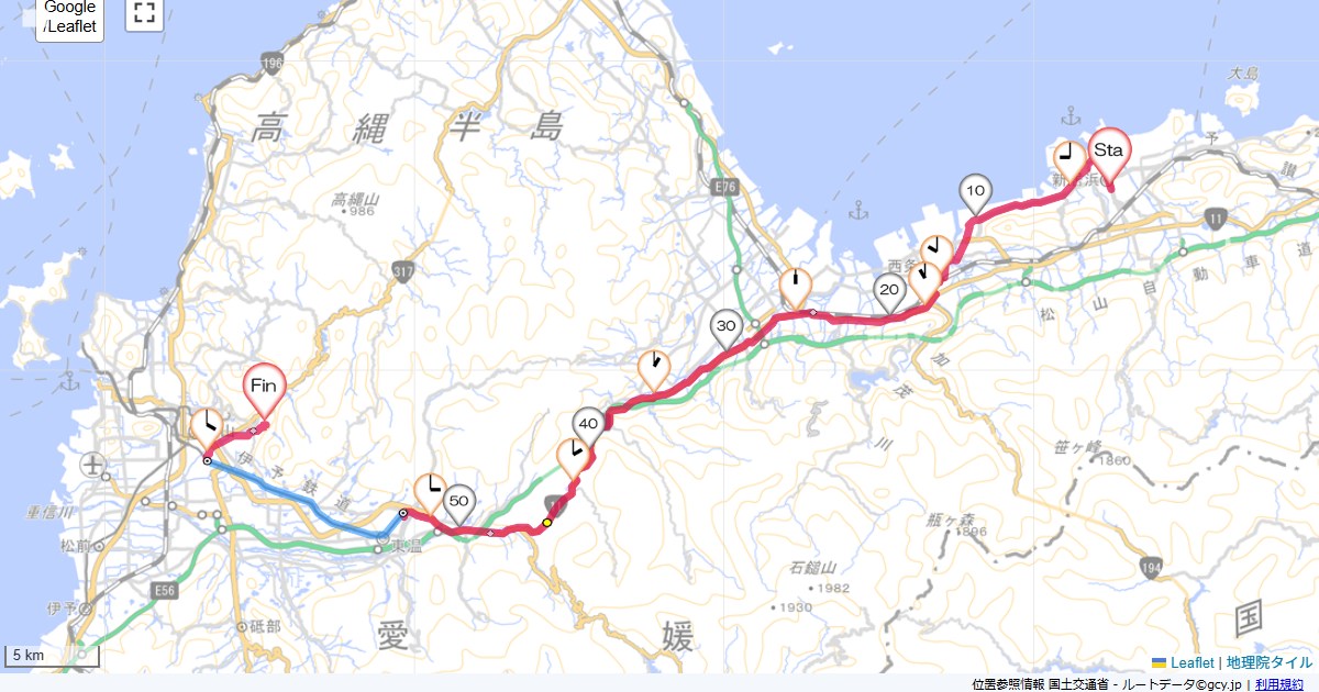 新居浜から奥道後温泉ルートイン新居浜,かんぽの宿道後,サイクリング,地図,記録,自転車