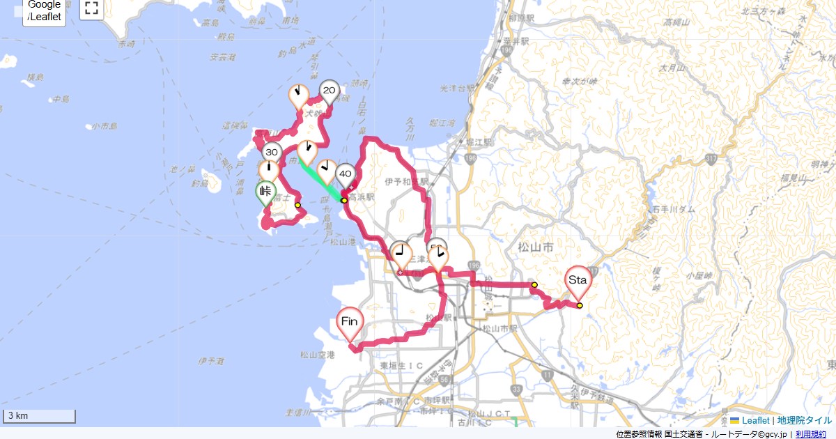 興居島と松山かんぽの宿道後,松山空港,サイクリング,地図,記録,自転車