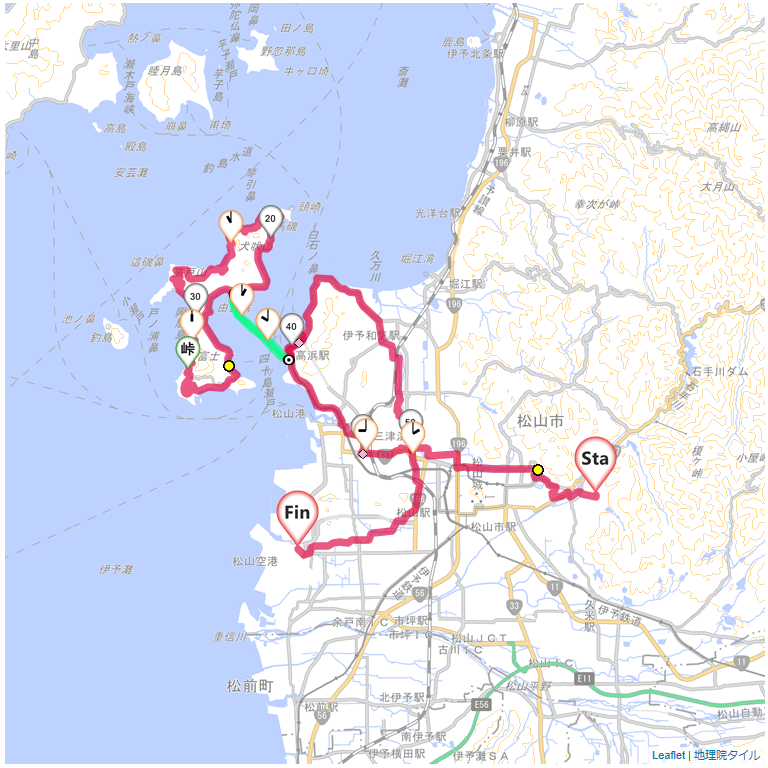 興居島と松山かんぽの宿道後,松山空港,サイクリング,地図,記録,自転車