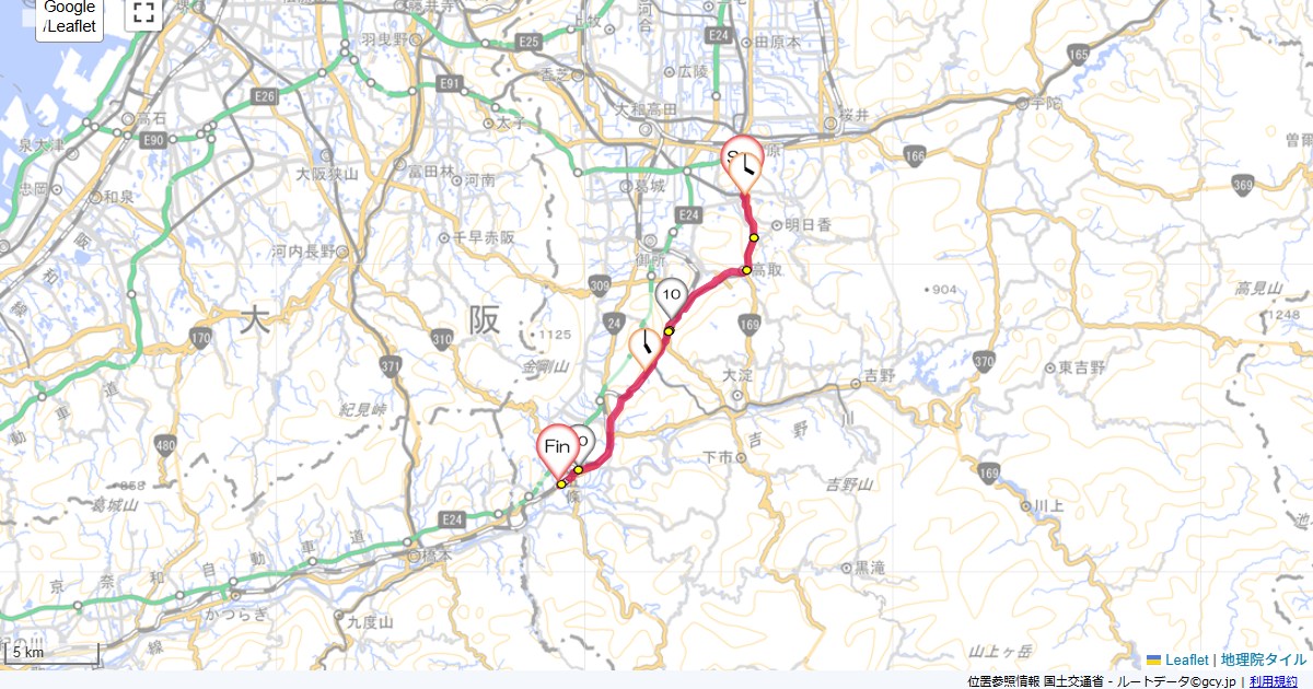紀伊半島1日目橿原市久米町,五條市新町,サイクリング,地図,記録,自転車