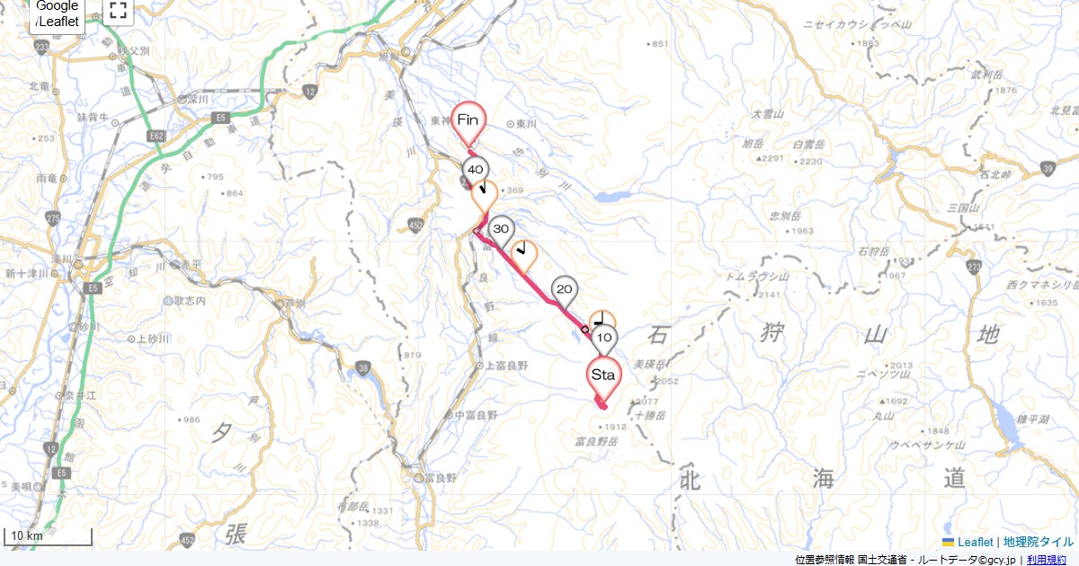 十勝岳温泉から旭川空港十勝岳温泉,旭川空港,サイクリング,地図,記録,自転車