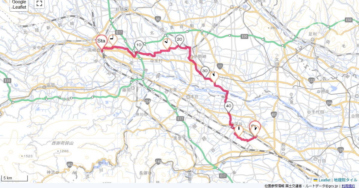 高崎から籠原高崎市鶴見町,熊谷市新堀,サイクリング,地図,記録,自転車