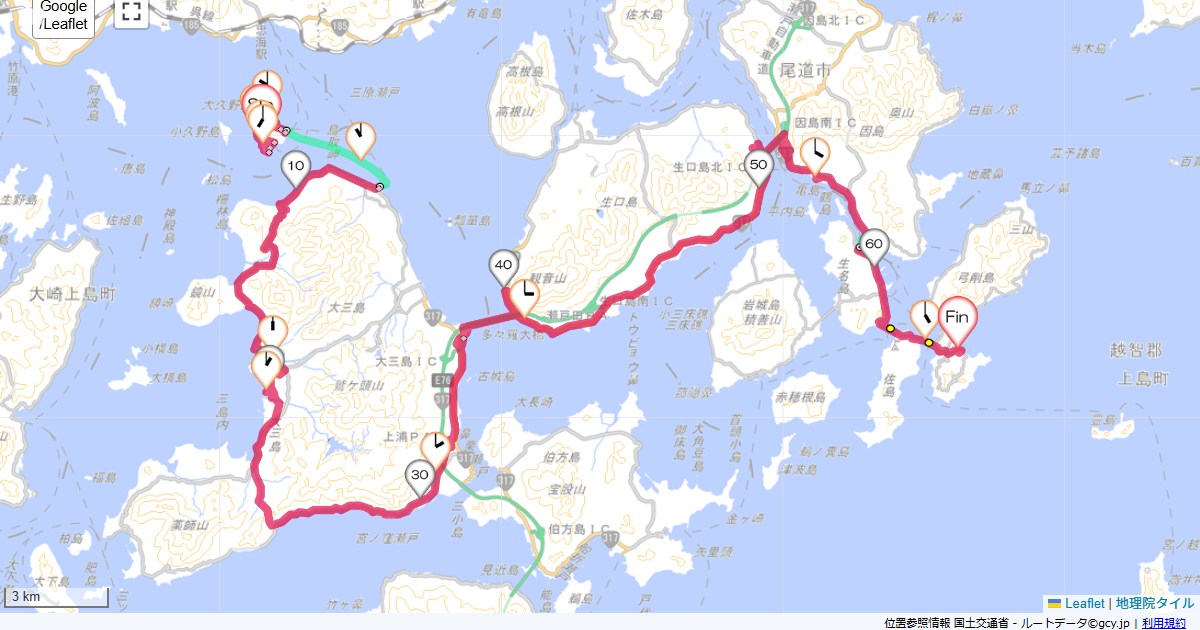 大久野島から弓削島休暇村大久野島,インランドシーリゾートフェスパ,サイクリング,地図,記録,自転車