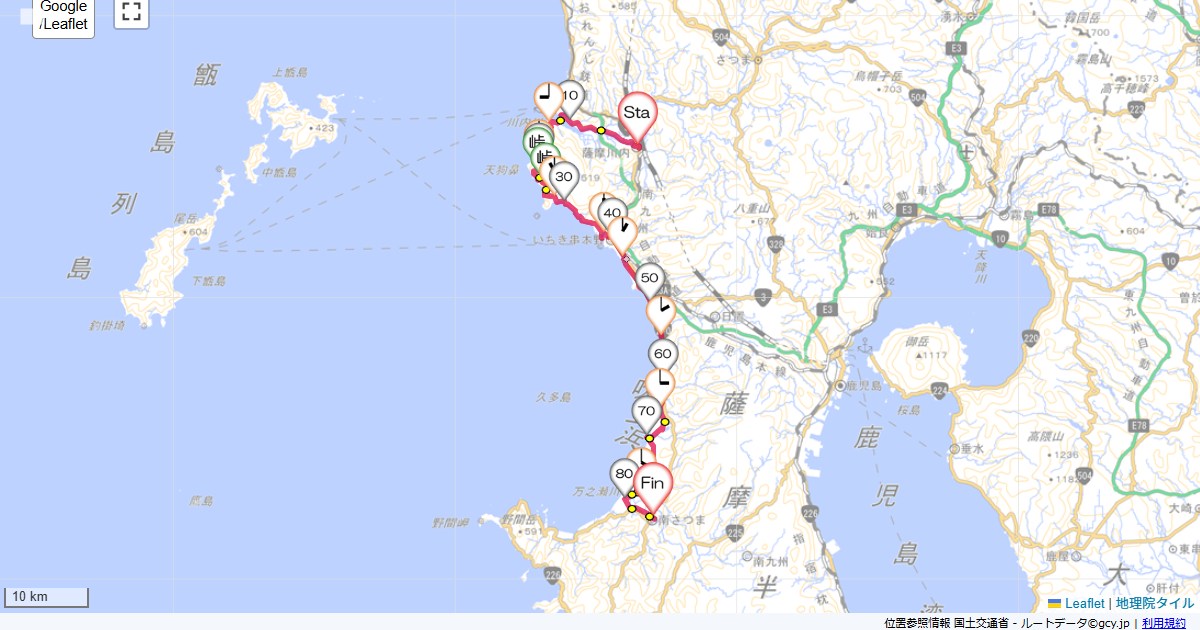 川内から加世田ルートイン薩摩川内,サンステイ加世田,サイクリング,地図,記録,自転車