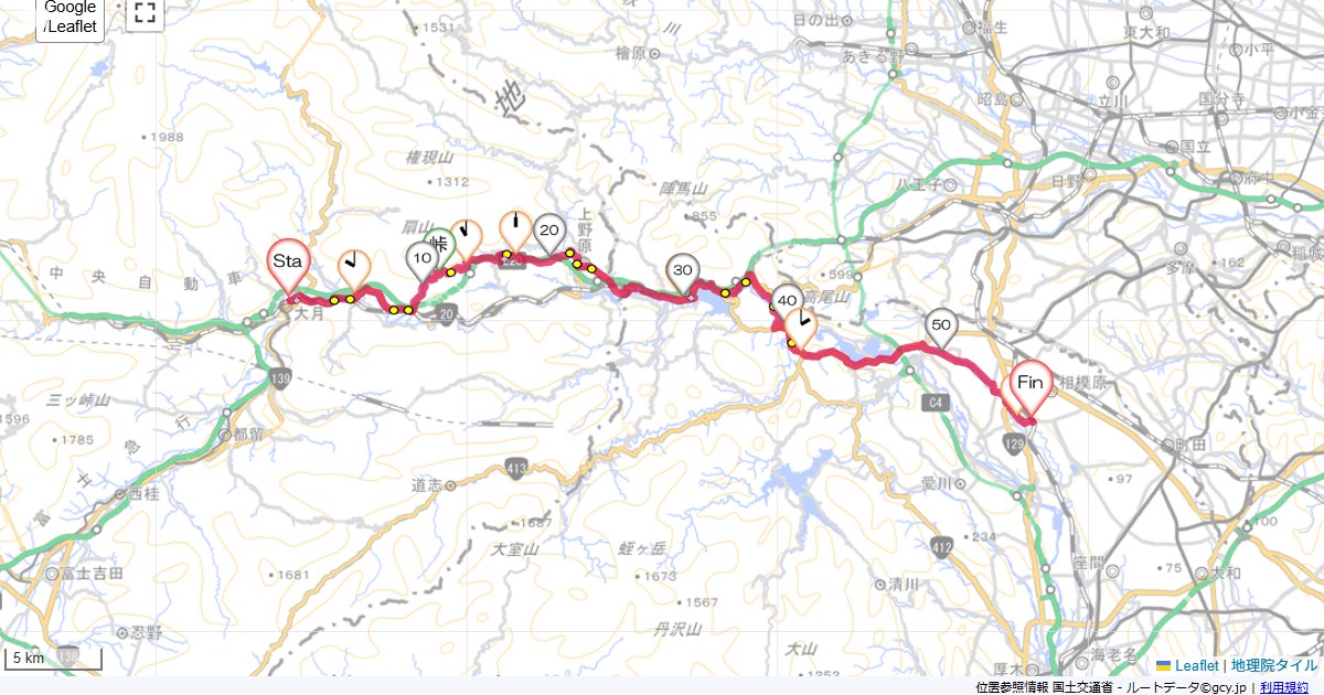 大月から旧甲州街道大月駅,上溝駅,サイクリング,地図,記録,自転車