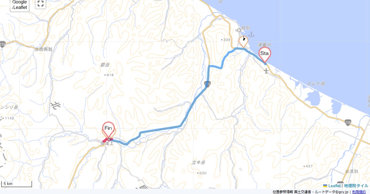 滝上渓谷オホーツク紋別空港,たきのうえホテル渓谷,サイクリング,地図,記録,自転車